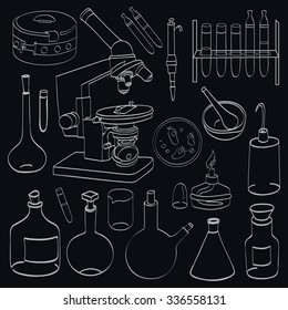 Vector illustration of Science on a black background.Design for fabrics, textiles, paper, wallpaper, Internet. Chemistry Hand Drawn pattern.