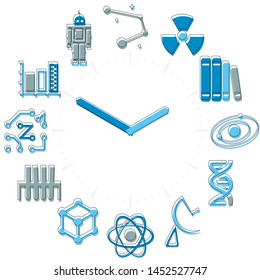 Vector illustration. Science time. Activities icons in a watch sphere with hours.