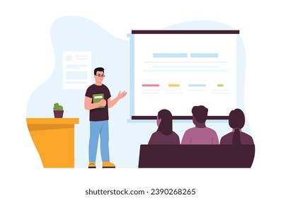 Vector illustration of scientific conference. Cartoon scene of a man holding a folder in his hand and speaking in front of an audience, showing a presentation on an interactive whiteboard .