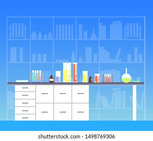 Vector illustration of scientific laboratory with an equipment with glass beakers, flasks, tubes with colored liquids for printing, web-design, design, illustrations