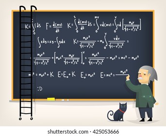 Vector illustration with scientific physics formulas, research equations and figures, handwritten with chalk on a grey board.