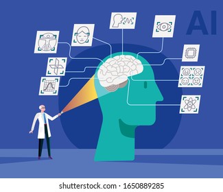  Ilustración vectorial. Investigación científica en el cerebro humano para estudios que deben aplicarse en el desarrollo de la inteligencia artificial.
