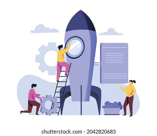 Vector illustration of scientist assembling rocket in factory cartoon background.