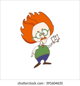 Vector illustration of scientist character isolated on white background with atom structure. Visual for physics and chemistry. The professor, a researcher, a teacher of school natural science