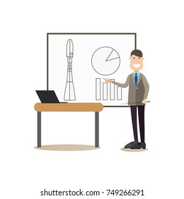 Vector illustration of scientist, design engineer giving presentation or lecture. Space exploration, development of aerospace technology, space science education concept. Flat style design.