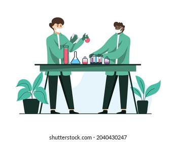 Vector illustration, scientist doing research for covid 19 vaccine in laboratory background.