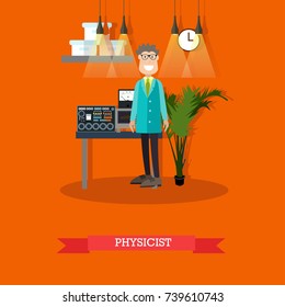 Vector illustration of scientist, engineer or technician standing in front of the table with measuring devices, physical laboratory interior. Physicist flat style design element.