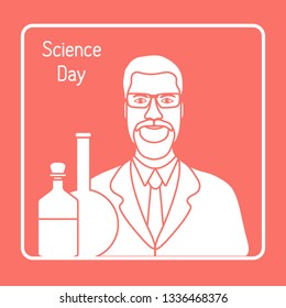 Vector illustration with scientist, glassware flasks. Laboratory equipment. Education. Science day. Chemistry, biology, medicine, pharmacy, experiment.