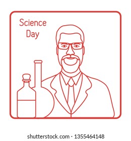Vector illustration with scientist, glassware flasks. Laboratory equipment. Education. Science day. Chemistry, biology, medicine, pharmacy, experiment.