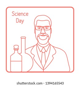 Vector illustration with scientist, glassware flasks. Laboratory equipment. Education. Science day. Chemistry, biology, medicine, pharmacy, experiment.