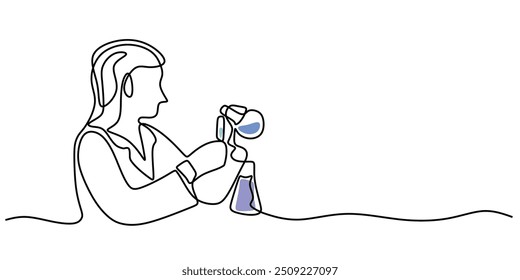 Vector illustration of a scientist handling chemical bottles in a one line drawing style. Simplistic depiction of chemical research.