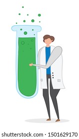 Vector illustration scientist holding big test tube. Hand drawn. 