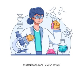 Vector illustration of a scientist in a laboratory environment, wearing a white lab coat and protective gloves, examining a test tube containing a liquid.
Perfect for projects related to science