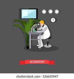 Vector illustration of scientist looking through microscope in flat style. Laboratory interior and equipment. Scientific research concept design element.