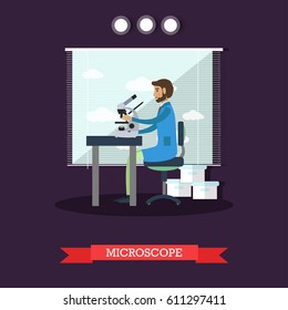 Vector illustration of scientist male looking through microscope, investigating objects. Laboratory interior and equipment design element in flat style.