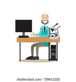 Vector illustration of scientist male sitting at table with computer and microscope on it. Science people concept flat style design element, icon isolated on white background.