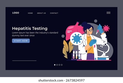 Vector illustration of a scientist performing hepatitis testing in a lab setting. Woman in lab coat holding test tube, microscope and virus symbol featured prominently in design.