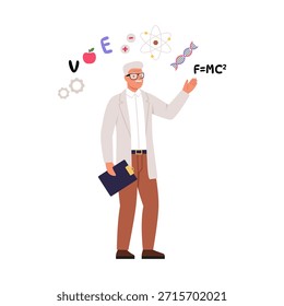 Ilustración vectorial de un profesor de física científica. Escena de dibujos animados de un físico canoso vestido con un traje, sosteniendo una tableta para papeles, un modelo atómico, una molécula de ADN, fórmulas, la manzana de Newton.