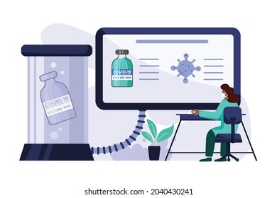 Vector illustration, scientist research covid 19 vaccine in lab background.