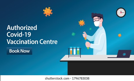 Vector illustration of scientist testing coronavirus vaccine at centre. Indian healthcare or medical system concept. Covid testing for Covid vaccination.