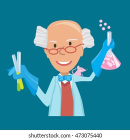 Vector illustration of scientist with testube in flat style on blue background