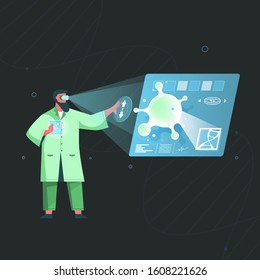 Vector Illustration of Scientist using augmented reality are researching microbiology. Doctor doing laboratory research. Innovation technology