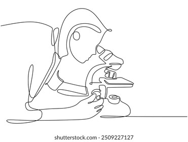 Vector illustration of a scientist using a microscope for research, rendered in a single continuous line. Simplistic scientific study.