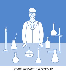 Vector illustration with scientist at work, glassware flasks, burner, equipment stand. Laboratory equipment. Education. Science, chemistry, biology, medicine, pharmacy, experiment.