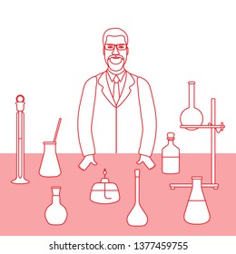 Vector illustration with scientist at work, glassware flasks, burner, equipment stand. Laboratory equipment. Education. Science, chemistry, biology, medicine, pharmacy, experiment.