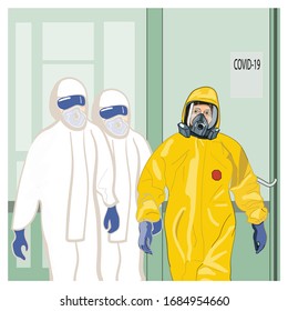 vector  illustration. scientist in a yellow infectious suit goes to the hospital.  scientists and doctors behind a glass door.  doctors save the world from coronavirus