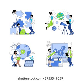 Vector illustration of scientists collaborating on puzzles, exploring astronomy with a telescope, researching renewable energy, and engineering solutions, conveying teamwork and innovation.