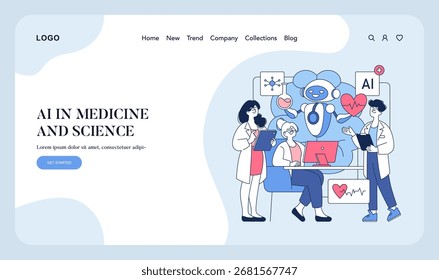 Ilustração vetorial de cientistas discutindo a tecnologia da IA com um robô amigável em um ambiente médico. O cenário destaca a integração da IA na medicina e na ciência.