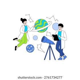 Vector illustration of scientists engaging in an astronomy discussion with a telescope. The scene includes planetary graphics, emphasizing scientific exploration and teamwork in space studies.