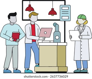 Vector illustration of scientists and engineers collaborating in a high-tech lab with advanced equipment. Ideal for innovation, STEM education, research, or modern laboratory-themed designs.
