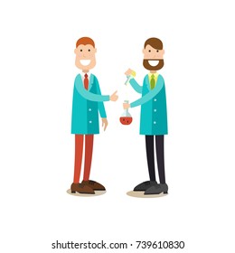 Vector illustration of scientists males demonstrating test results. Science people concept flat style design element, icon isolated on white background.