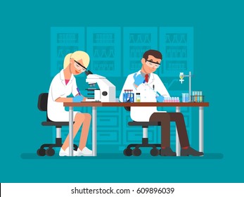 Vector illustration of scientists man and woman working at science lab. Laboratory interior, equipment and lab glassware. Scientific research concept flat style design element.