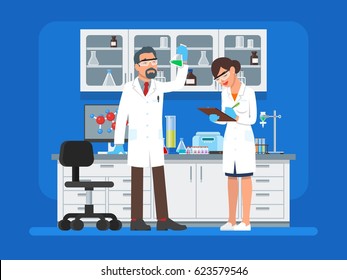 Vector illustration of scientists man and woman working at science lab. Laboratory interior, equipment and lab glassware. Chemistry education. Scientific research concept flat style design element.