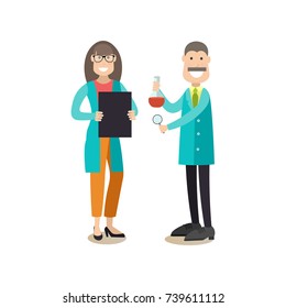 Vector illustration of scientists man and woman working at science lab. Science people concept flat style design element, icon isolated on white background.