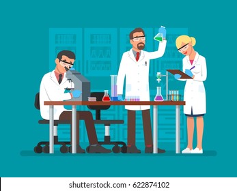 Vector illustration of scientists two men and woman working at science lab. Laboratory interior, equipment and lab glassware. Scientific research concept flat style design element. - Shutterstock ID 622874102