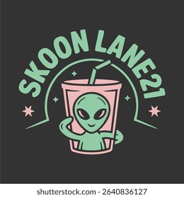 Vector illustration of a sci-fi alien head in a green drink cup. Unique graphic for logo, label design, youth branding, or futuristic concept art.