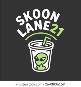 Vector illustration of a sci-fi alien head in a green drink cup. Unique graphic for logo, label design, youth branding, or futuristic concept art.