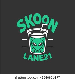 Vector illustration of a sci-fi alien head in a green drink cup. Unique graphic for logo, label design, youth branding, or futuristic concept art.