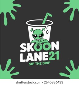 Vector illustration of a sci-fi alien head in a green drink cup. Unique graphic for logo, label design, youth branding, or futuristic concept art.