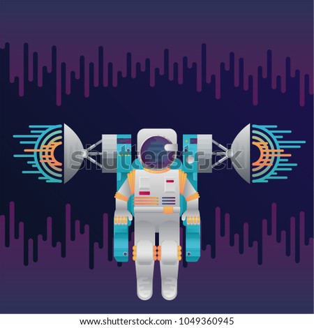 Vector illustration of sci-fi astronaut and radar dish station with sound or radio wave in space. Abstract digital cosmonaut icon with dribbles in flat style. Spaceman in galaxy on dark background.