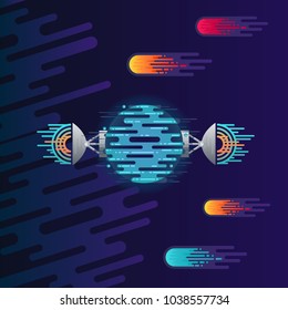 Vector illustration of sci-fi planet with radar dish station with sound or radio wave and comet or meteor in space. Abstract digital space object icons in flat style.