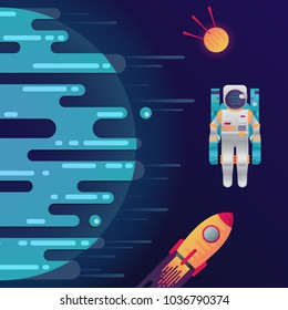 Vector illustration of sci-fi planet, rocket, astronaut, space satellite in space. Abstract cosmic objects around digital blue planet with dribbles in flat style