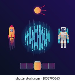 Vector illustration of sci-fi planet, rocket, astronaut, space satellite and satellite with solar cell in space. Abstract cosmic objects around digital blue planet with dribbles in flat style