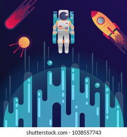 Vector illustration of sci-fi planet, rocket, astronaut, space satellite and meteor or comet in space. Abstract cosmic objects around digital blue planet with dribbles in flat style