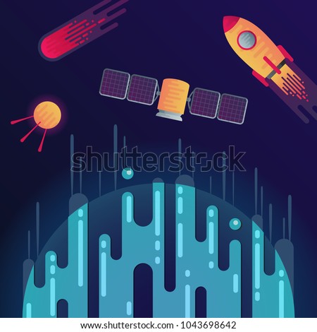 Vector illustration of sci-fi planet, rocket, meteor or comet, space satellite and satellite with solar cell in space. Abstract cosmic objects around digital blue planet with dribbles in flat style