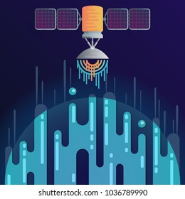 Vector illustration of sci-fi planet in space and solar cell satellite with radar dish station with sound or radio wave. Abstract digital space object icons in flat style.